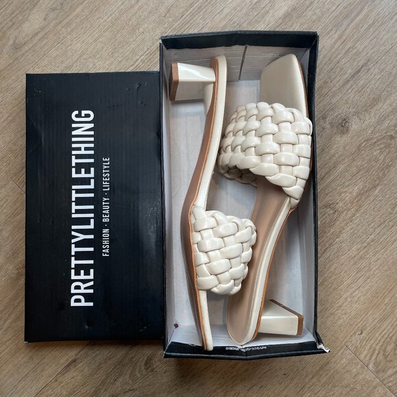 Cream Plaited Strap Low Block Flare Heel Mules - Picture 6 of 11